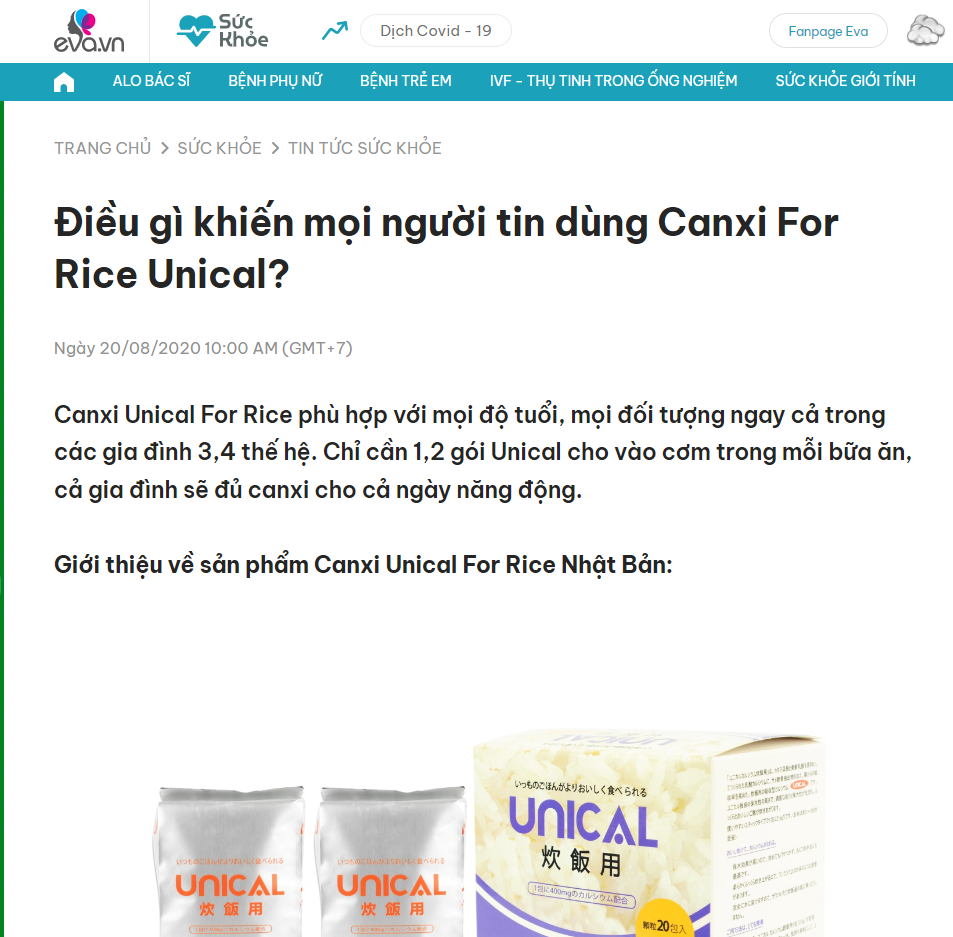 Báo Eva giải thích điều gì khiến mọi người sử dụng canxi cơm unical for rice
