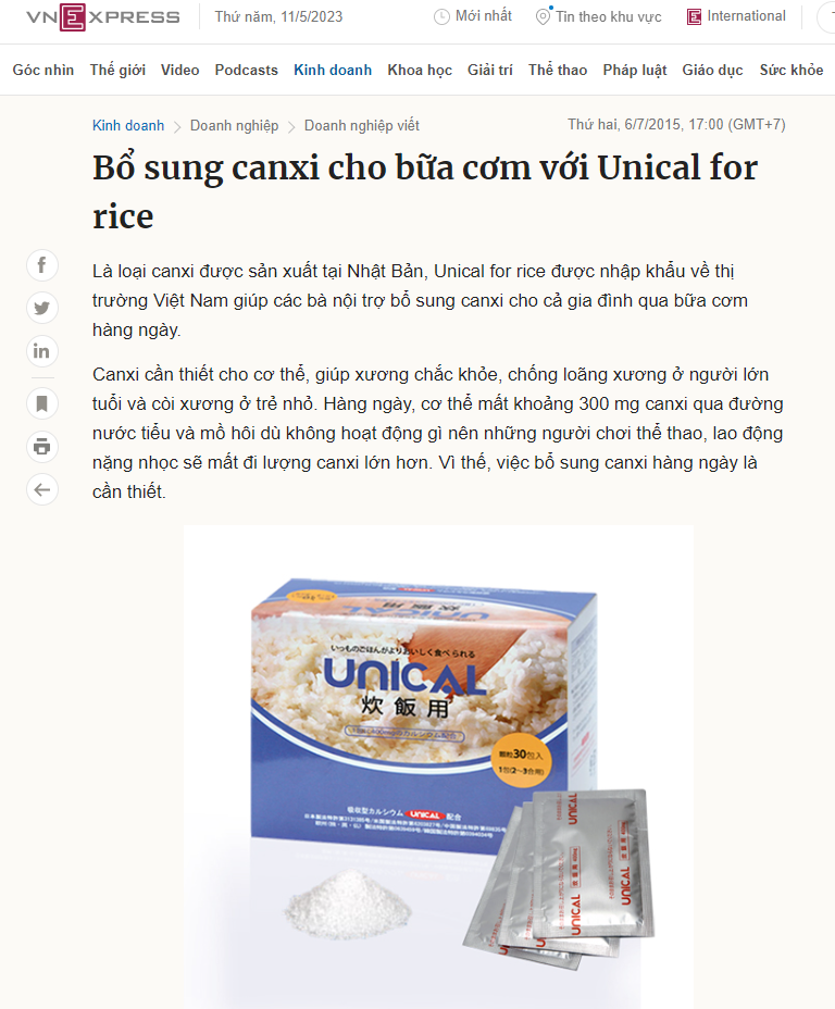 VNExpress nói về việc bổ sung canxi với unical for rice